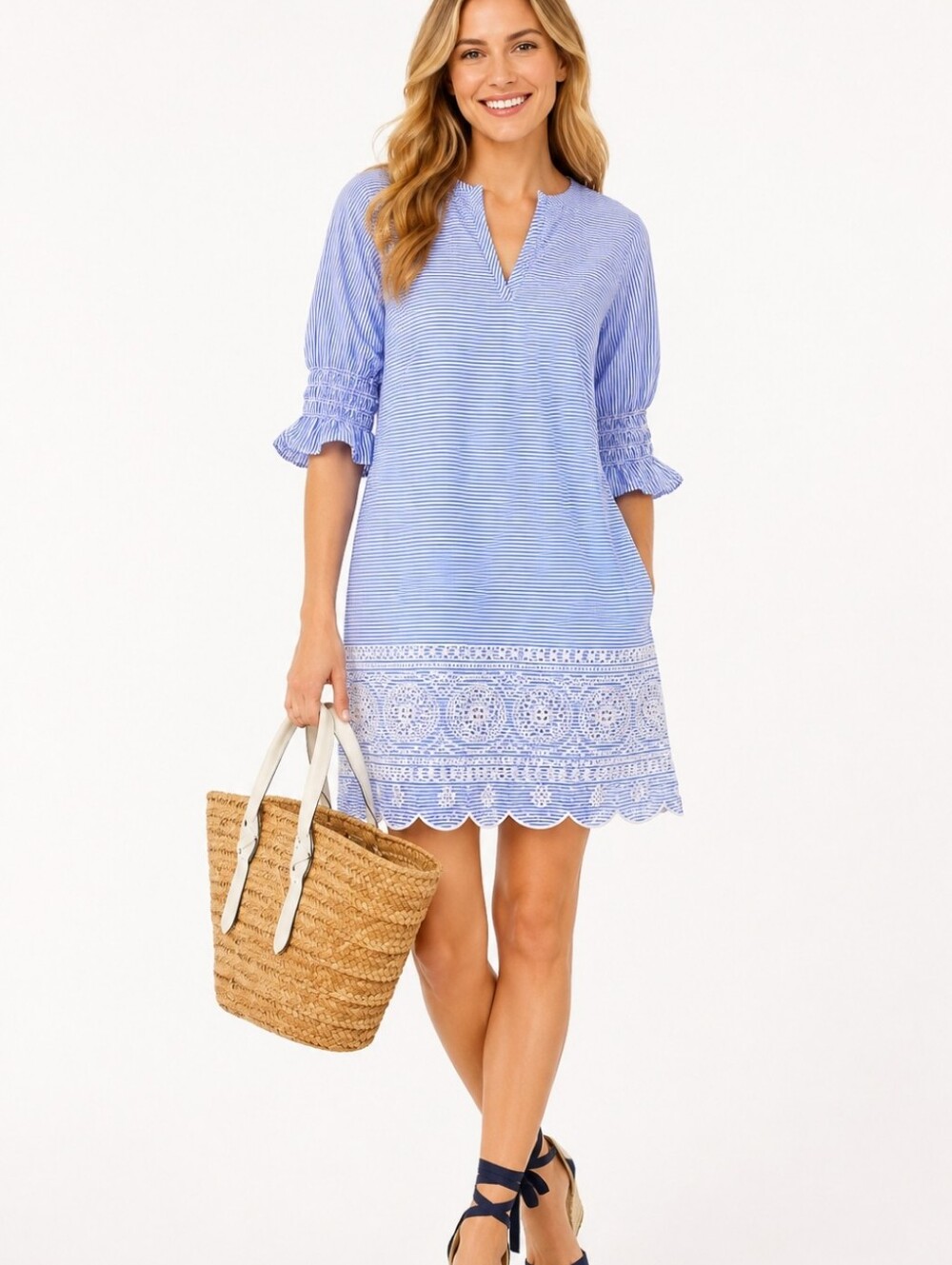 Cartolina Nantucket Skye Dress Blue White Stripe Eyelet Scalloped Mini XS